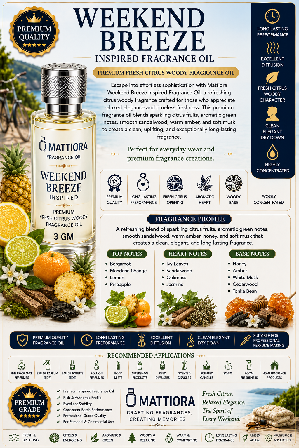Weekend Breeze fragrance oil, Inspired Fragrance Oil Premium Fresh Citrus Woody Fragrance Oil | Mattiora