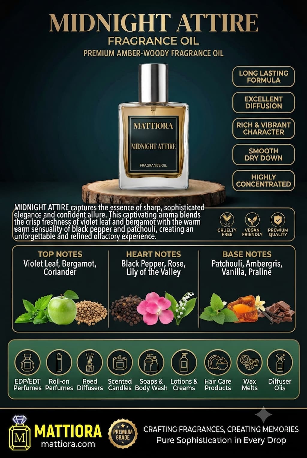 Midnight Attire Premium Amber-Woody Fragrance Oil | Mattiora • Premium Inspired Fragrance Oils