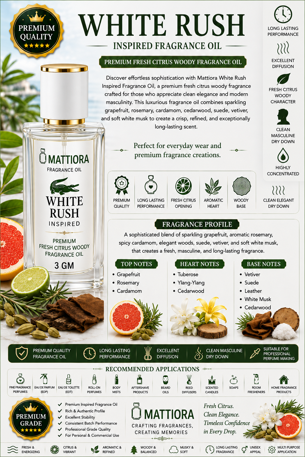 White Rush Fragrance Oil, White Lacoste Inspired Fragrance Oil Premium Fresh Citrus Woody Fragrance Oil | Mattiora